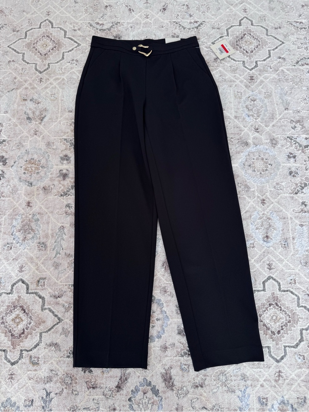 Anne Klein Black High-Rise Pleated Trousers with Gold Accent